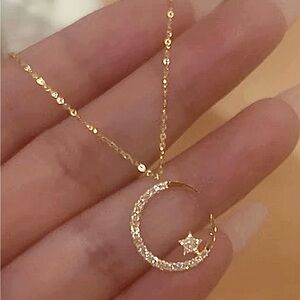 Gold Crescent Moon Stars / Celestial Necklace 18”